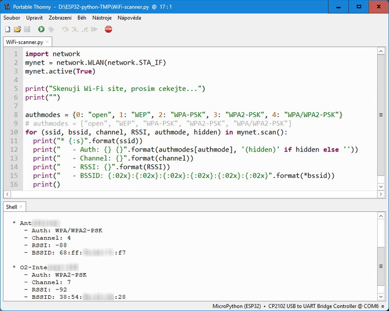 Wi-Fi Scanner v REPL prostredi Thonny