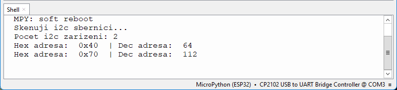 I2C scan - vystup - Thonny