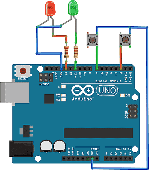 Arduino 2x LED a 2x spínač