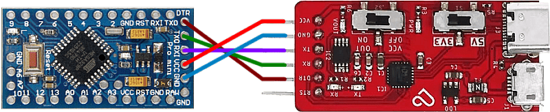 Arduino Mini a FTDI programátor LaskaKit CH9102 Programmer