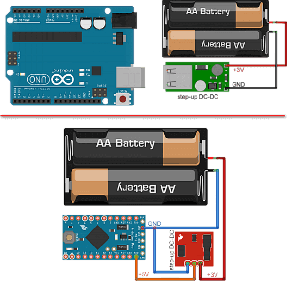 Napájení modulu Arduino pomocí 2x AA baterií